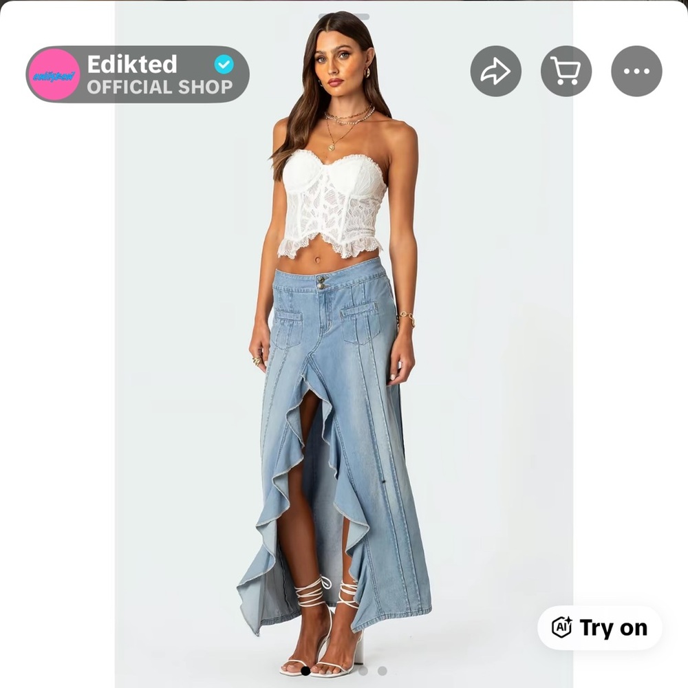 Edikted High-Low Denim Skirt with Ruffle Detail